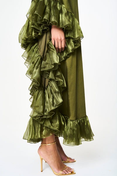 Amira Ruffled Green Maxi Kaftan