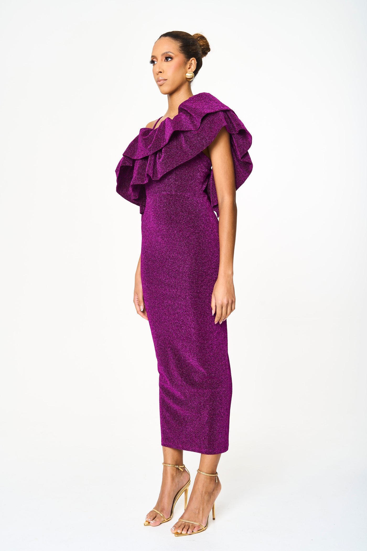 Remi Ruffled Off Shoulder Purple Fitted Dress