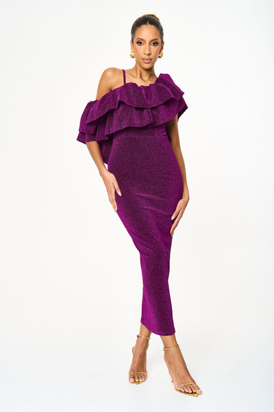 Remi Ruffled Off Shoulder Purple Fitted Dress