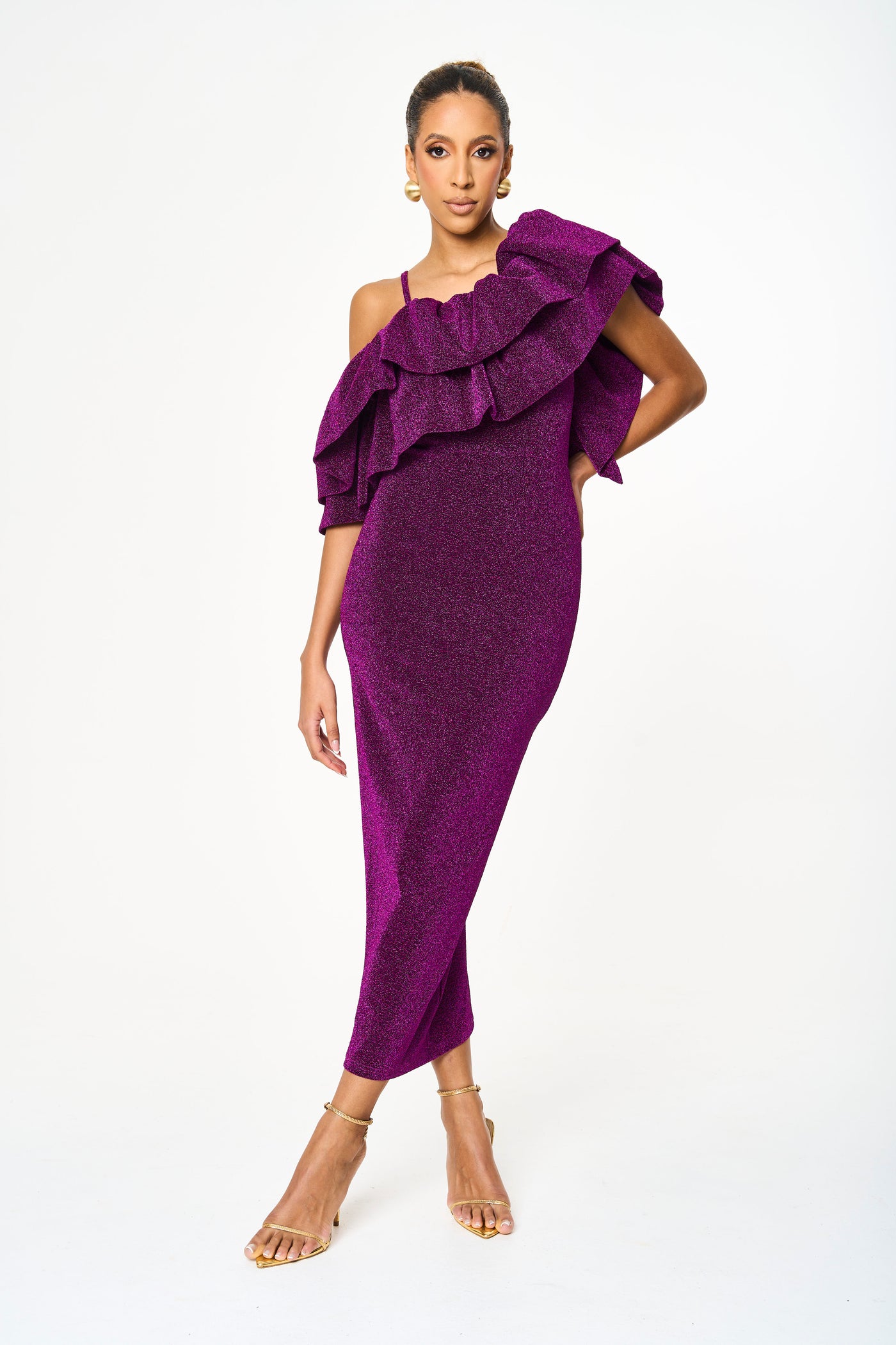 Remi Ruffled Off Shoulder Purple Fitted Dress