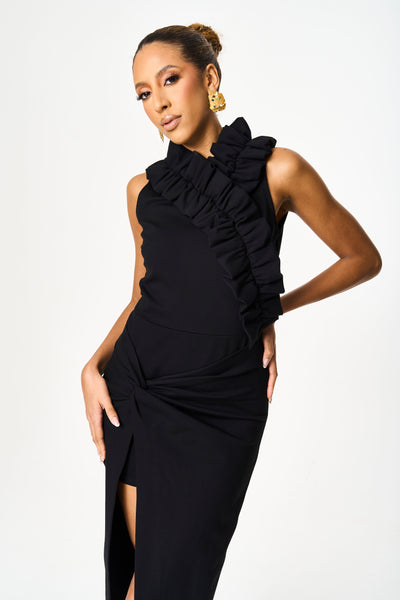 Lizzie Black Ruffled Knot Detailed Dress
