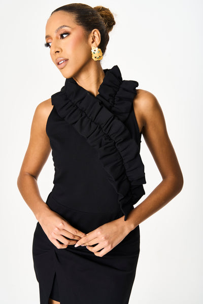 Lizzie Black Ruffled Knot Detailed Dress