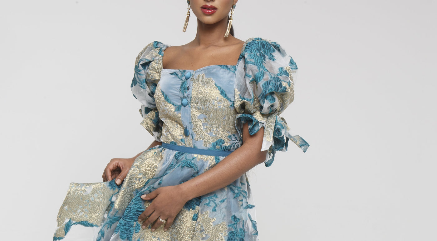 Grace Top- Metallic Floral Jacquard Organza Puff Sleeve Top