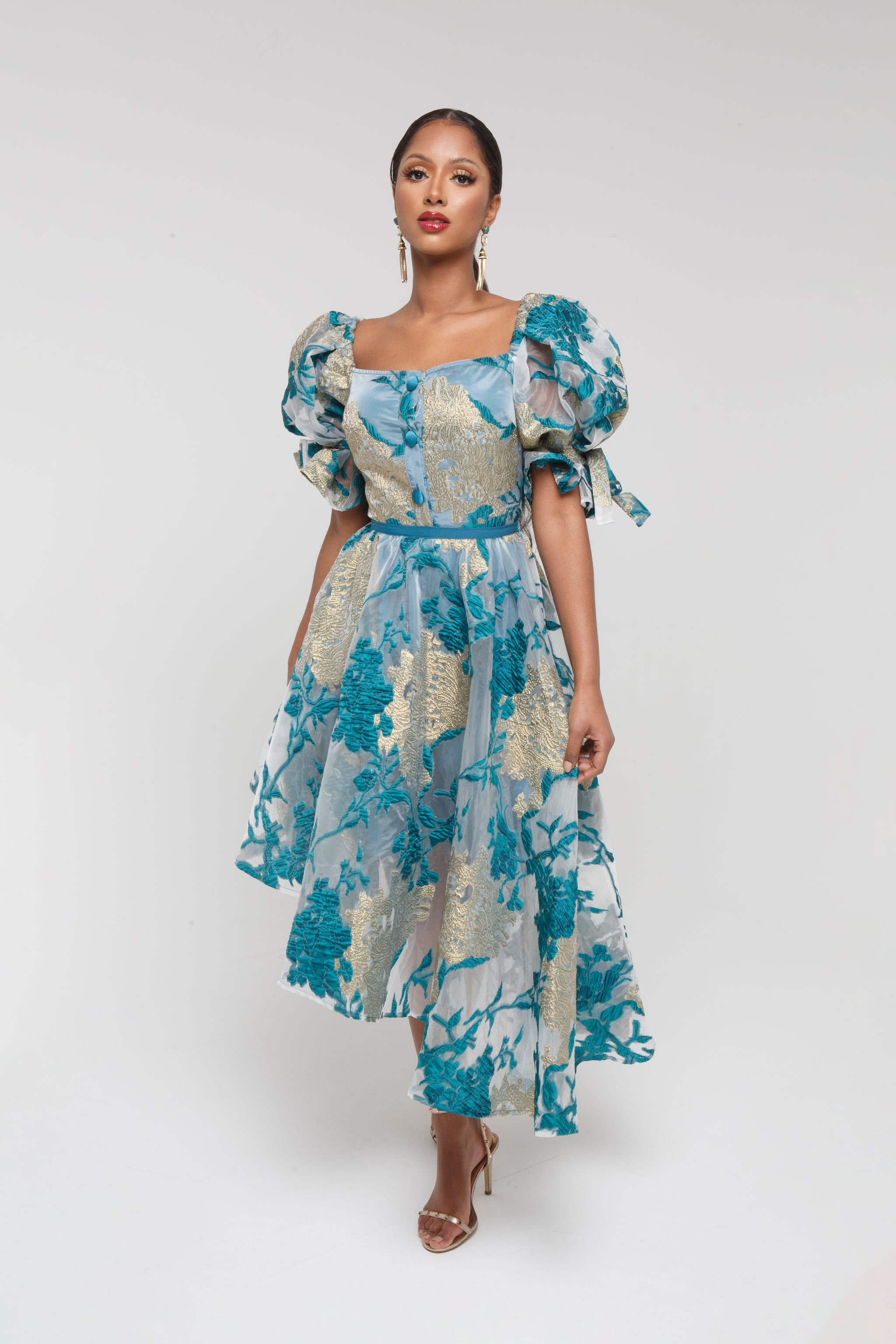 Grace Top- Metallic Floral Jacquard Organza Puff Sleeve Top 