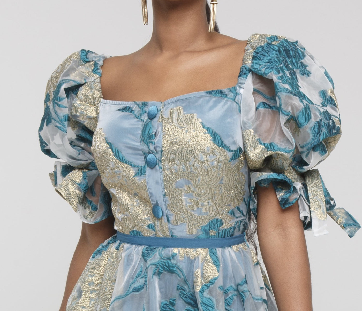 Grace Top- Metallic Floral Jacquard Organza Puff Sleeve Top