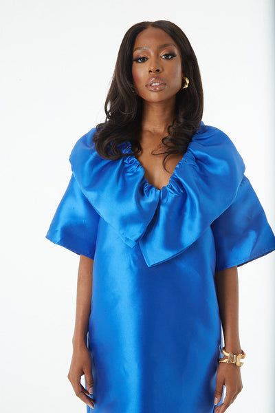 Shari Blue Mini Satin-Twill Pocket Dress